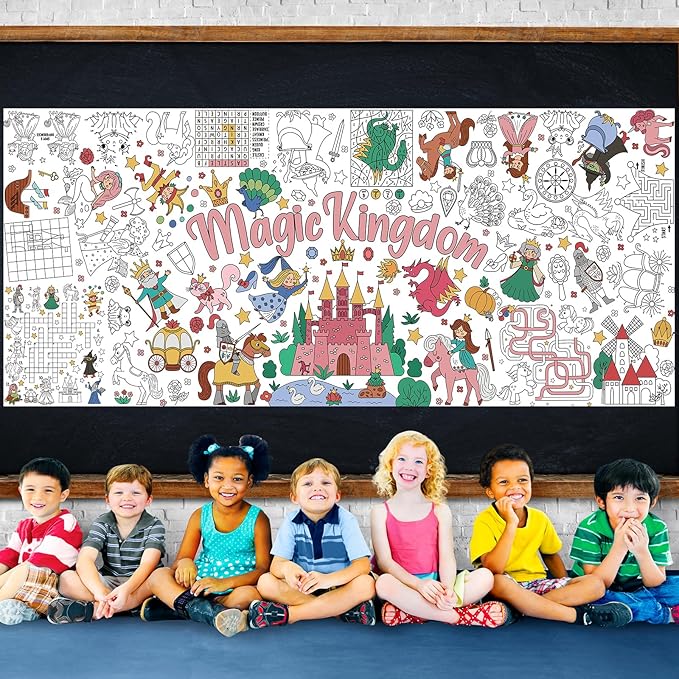 Magic Kingdom Giant Coloring Poster for Kids 30 x 72 Inch, Princess Large Coloring Poster Tablecloth, Fairy Themed Color-in Activities Games for Kids School Classroom Home Party Supplies Decorations