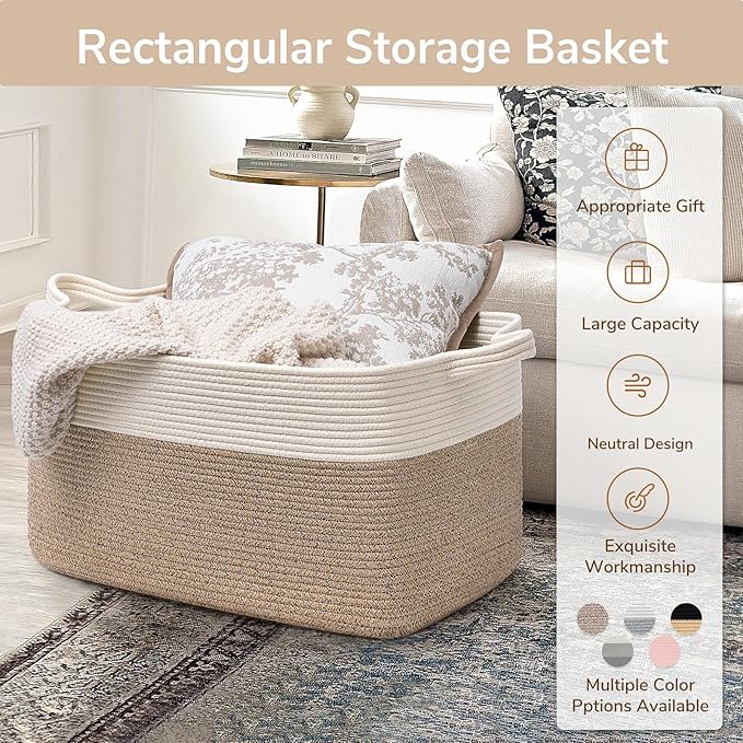 Goodpick Large Woven Blanket Basket 21.6" x 14.9" x 11.8" Storage Baskets for Organizing, Baby Laundry Basket with Handles, Toy Storage Baskets for Living Room Nursery, Brown