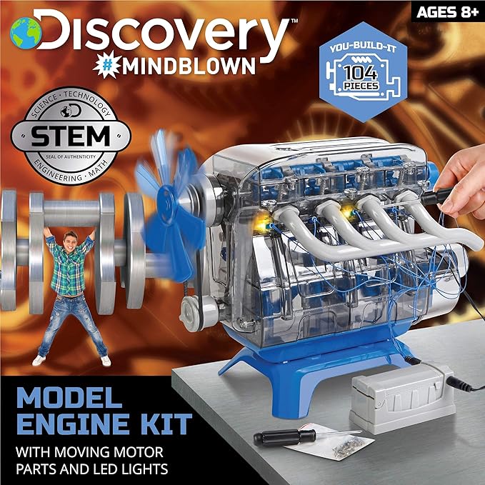 Discovery #MINDBLOWN Model Engine Building Kit, DIY 4-Cylinder Combustion Engine, Working Pistons Fan Valves Belts LED Lights, STEM Mechanic Engineering Construction Experiment Set, Kids & Adults Gift