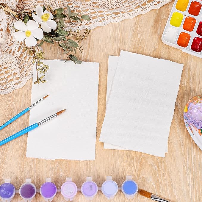 50 Sheets Watercolor Paper 4 x 6inch, 300 GSM Deckled Edge Paper Rough/Textured Handmade Paper Cotton Paper for Watercolors, Wedding Invitations, Cards, Crafts