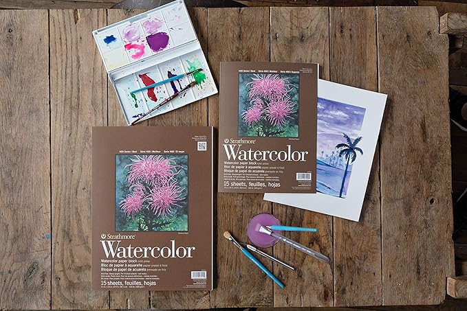 Strathmore 400 Series Watercolor Block, Cold Press, 9"x12" Bound (4 Sides), 15 Sheets/Block, White