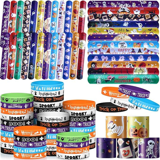 Wettarn 240 Pcs Halloween Party Favors Halloween Slap Bracelets for Kids Rubber Wristbands Bulk Silicone Bracelets Assorted Halloween Party Supplies for Boys Girls Prize Gifts Treat Filler (Halloween)