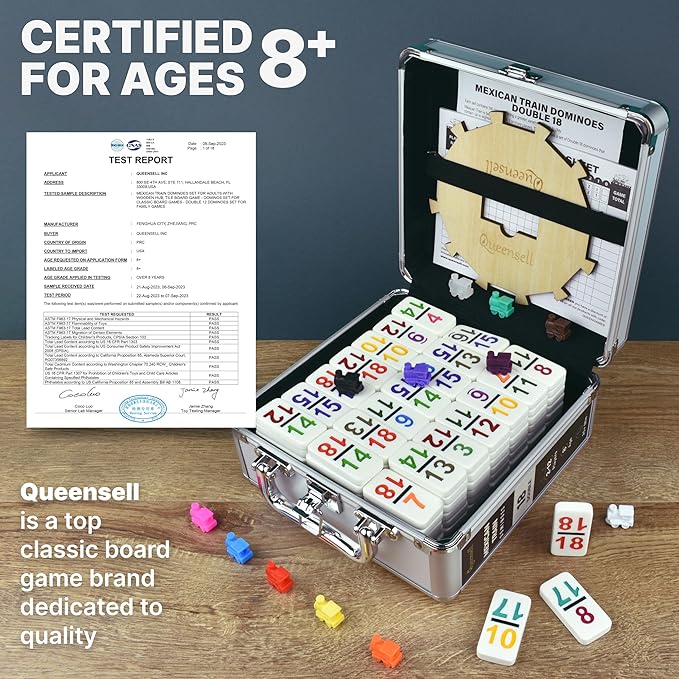 Queensell Mexican Train Dominoes Set with Numbers - Double 18 Dominos Set for Adults and Kids - Mexican Dominoes Train Game Night Games for Adults with Wooden Hub and Aluminum Case