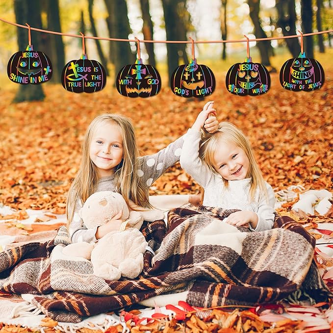 B1ykin Fall Religious Pumpkin Scratch Card - DIY Autumn Magic Scratch Cards Craft Kit for Kids, Christian Black Bible Hanging Tags Party Favors for Thanksgiving Sunday School Classroom Art Activity