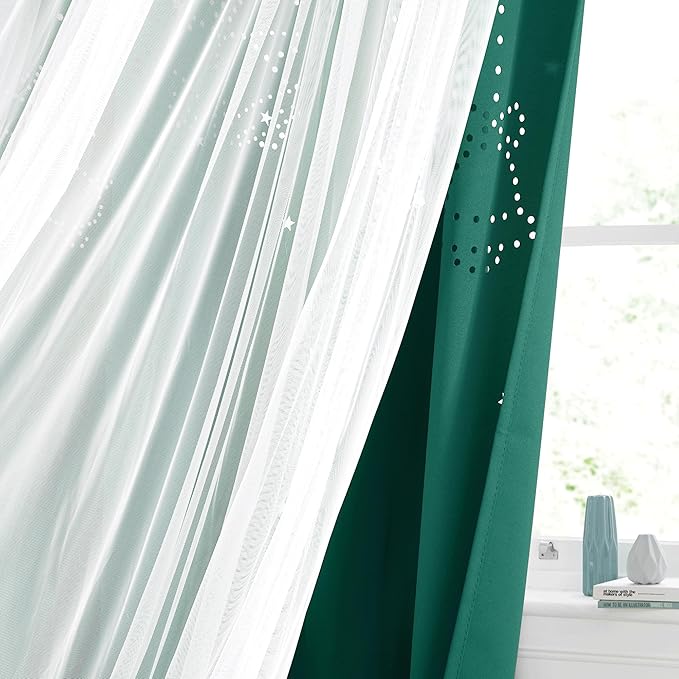 NICETOWN Double Layer Curtains - Hunter Green Curtains 84 inches Long with Sheer Overlay Nursery Panels for Bedroom/Living/Dining Room, Baby Kids, 52 W by 84 L, 2 Pieces
