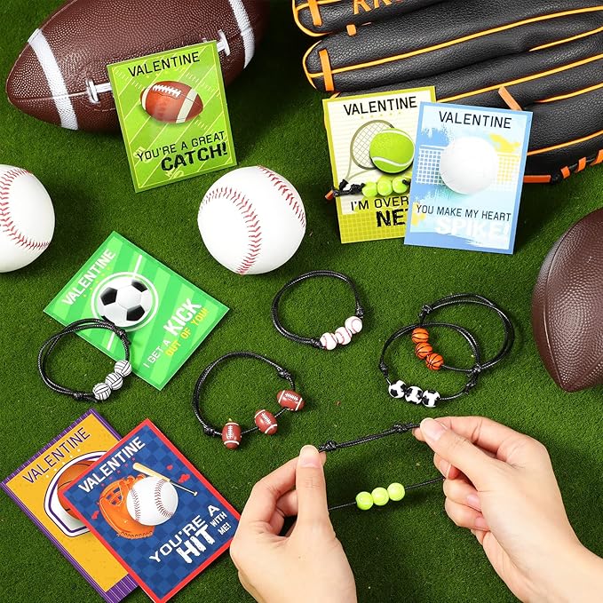 36 Pack Valentines Day Sports Gift Set Include Sports Valentine's Day Cards Adjustable Sport Party Charm Bracelet for Classroom Exchange Prizes Kids Party Favor Teens Adults Sports Team Greeting Favor