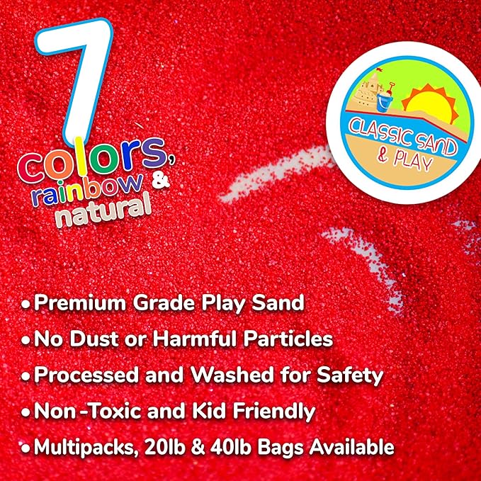 Classic Sand and Play Red Colored Play Sand, 20 lb. Bag, Natural and Non-Toxic, Fun Wet and Dry Indoor and Outdoor, Sandbox, Therapy, and Table Use, Building, Stimulate Sensory Needs