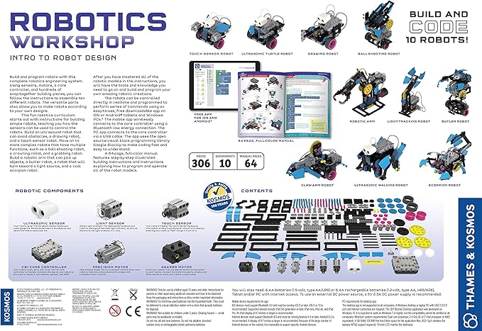 Thames & Kosmos Robotics Workshop Model Building & Science Experiment Kit | Build & Program 10 Robots with Ultrasonic Sensors | Program & Control with App for iOS & Android