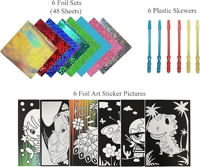 VHALE Foil Art Craft Kit 6 Pack Sticker Picture (9.5 x 6.5 inch), 48 Foil Sheets and 6 Skewers, Peel and Paste Sparkly Foil Art, Classroom Arts and Crafts, Great Travel Toys, Kids Party Favors