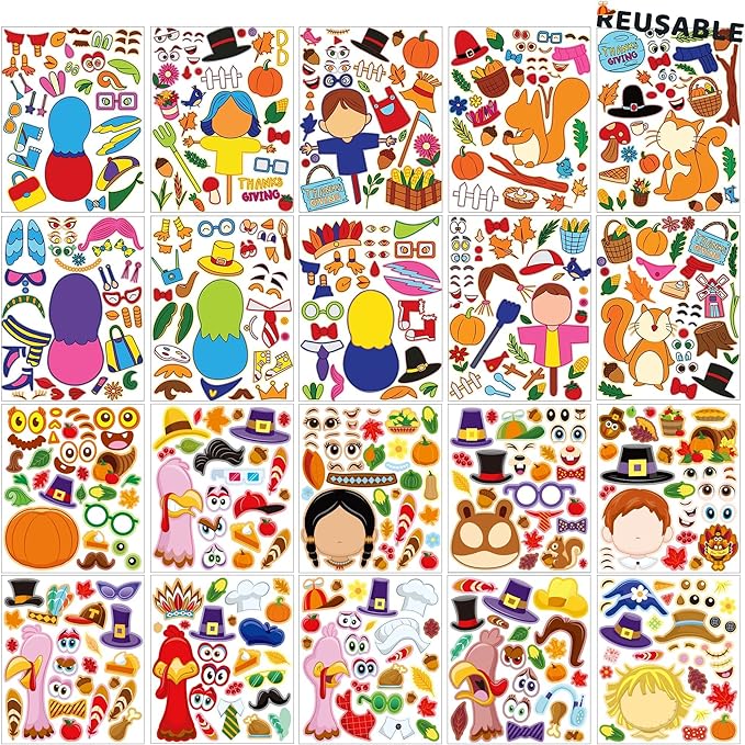 JOYIN 53 Sheets Thanksgiving Crafts Notebook with 20 Make-a-face Make A Turkey Stickers, 10 Coloring Book, 10 Scratch Cards, 5 Plain Paper and 8 Stickers Thanksgiving Party Favor Classroom Gifts