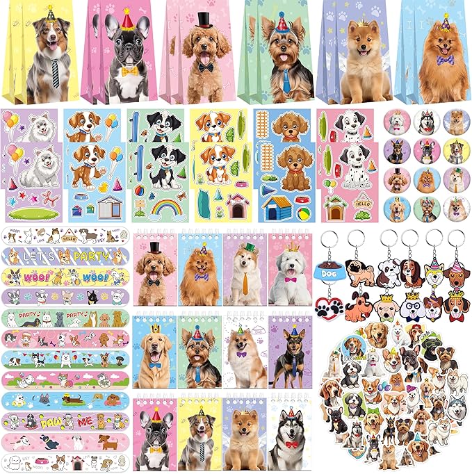 114PCS Dog Paw Party Favors Set, Puppy Party Favors for Kids, 54 Dog Stickers,12 Goodie Bags,12 Button Badges,12 Keychains,12mini Notepads,12 Slap Bracelet for Paw Print Birthday Party Supplies