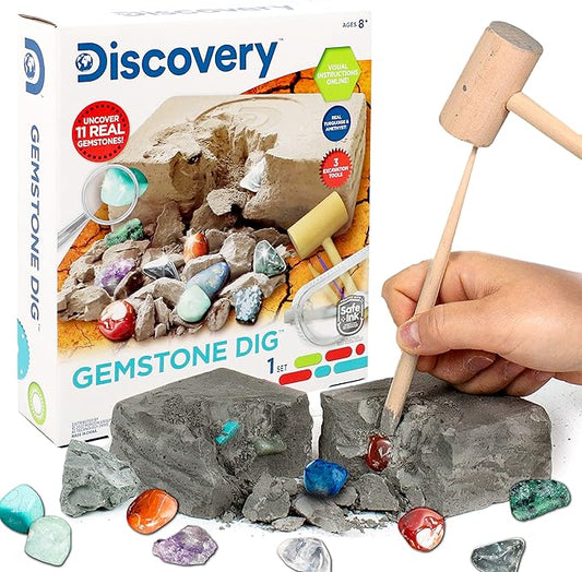 Discovery Kids Gemstone Dig Stem Science Kit by Horizon Group Usa, Excavate, Dig & Reveal 11 Real Gemstones, Includes Goggles, Excavation Tools, Streak Plate, Magnifying Glass & More