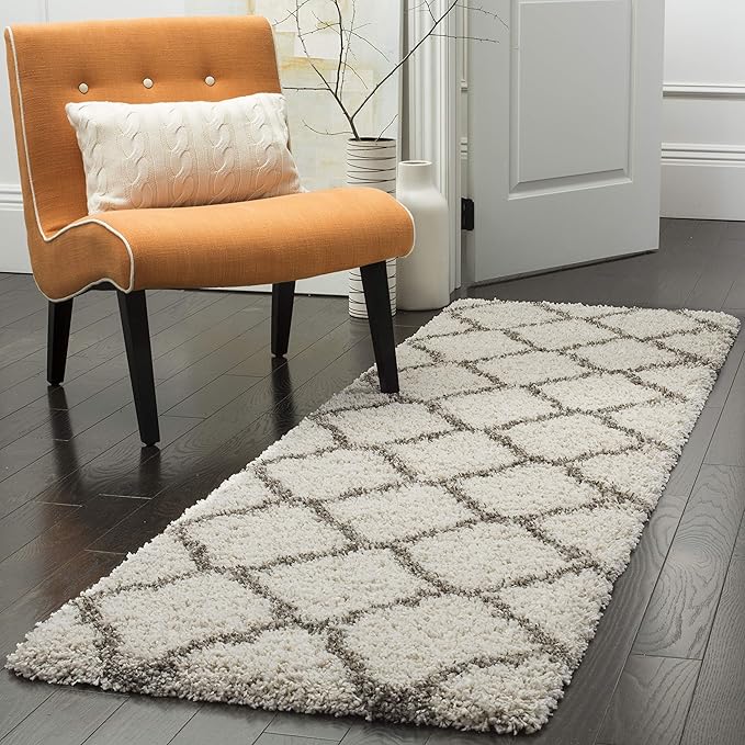 SAFAVIEH Hudson Shag Collection Runner Rug - 2'3" x 16', Ivory & Grey, Moroccan Trellis Design, Non-Shedding & Easy Care, 2-inch Thick Ideal for High Traffic Areas in Living Room, Bedroom (SGH283A)