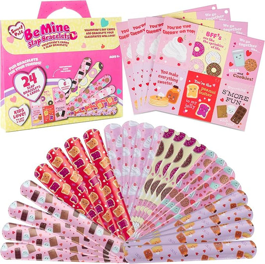 Set of 24 Valentines Cards for Kids Classroom - Valentine's Day Sweet Pals Slap Bracelets for Kids School - Each Valentines Gift Includes a Friendship Bracelet & Card for Boys Girls Classroom Exchange