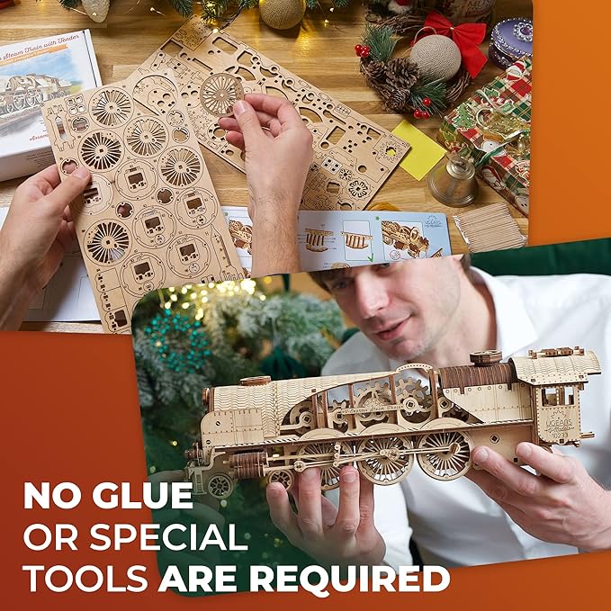 UGEARS 3D Puzzles for Adults - V-Express Steam Train with Tender Idea- 3D Wooden Puzzle Model Kits for Adults and Teens Building Kit Wooden Model Kits