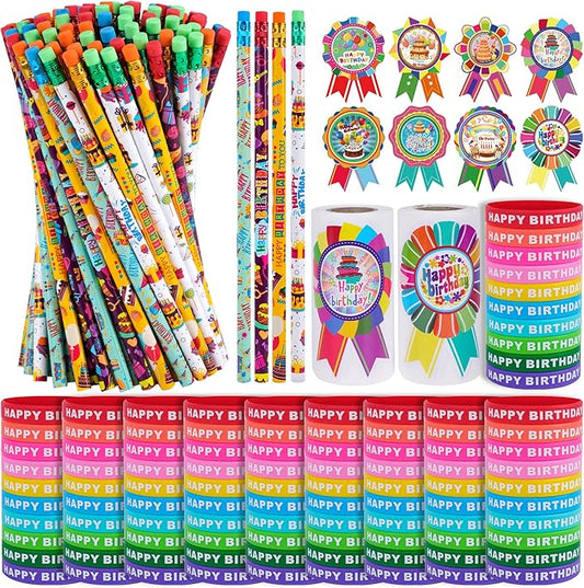 Kolewo4ever 400 Pieces Happy Birthday Gifts for Student 100 Happy Birthday Rubber Bracelets,100 Pencils,200 Happy Birthday Badge Stickers for Teachers Classrooms Reward Birthday Party Favors