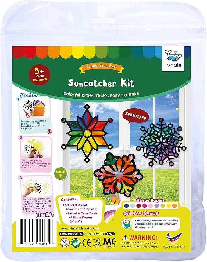VHALE Suncatchers Craft 3 Sets (9 Cutouts) w Tissue Papers Stained Glass Effect Paper Sun Catcher Kit, Window Art, Classroom Crafts, Creative Art Projects, Kids Party Favors (Snowflake)