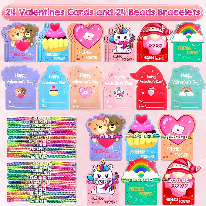 LINAYE Valentines Day Cards for Kids Classroom, 24 Pack Valentines Gift Cards with Friendship Bead Bracelets, Valentines Gift Exchange for Boys Girls, Valentines Party Favors Supplies for Kids