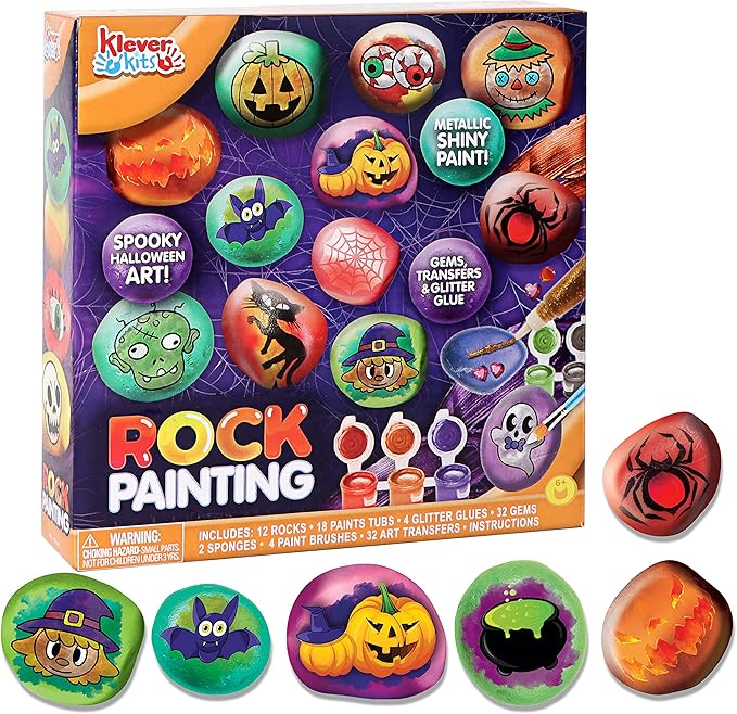 Klever Kits 12 Halloween Rock Painting Kit for Kids, Creativity Arts Crafts DIY Supplies Kit with 18 Paint Tubs, Decorate Your Own for Kids Painting Gifts, Family Activity, Birthday Present, Halloween