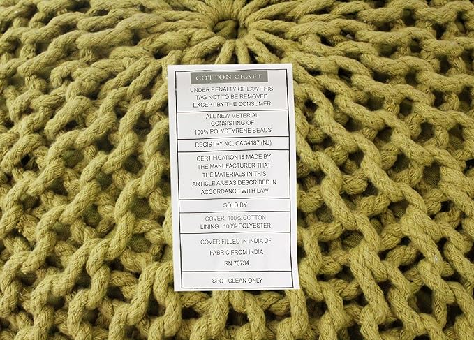 COTTON CRAFT - Hand Knitted Cable Style Dori Pouf - Green - Floor Ottoman - Cotton Braid Cord - Handmade & Hand Stitched - Truly one of a Kind Seating - 20 Dia x 14 High