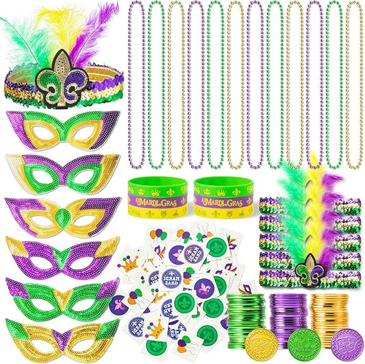 WATINC 186pcs Mardi Gras Party Favors Set, Mardi Gras Masks Headbands Coins Tattoo Stickers Silicone Bracelets Necklaces Beads Assorted for Masquerade Parade Carnival Costume Party Decorations