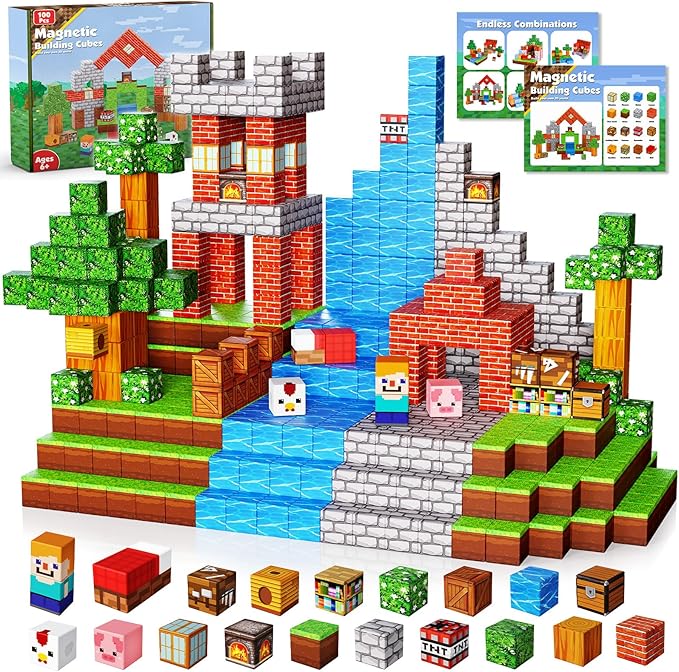 Magnetic Blocks-100PCS Grassland Magnetic Building Blocks Set, Kids Classroom Sensory Toy for Toddlers STEM Learning, Construction Stacking Toy for Kids 3+ Boys and Girls Christmas Birthday Gifts Toys