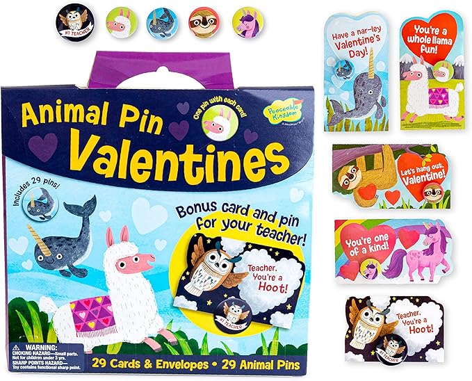 Peaceable Kingdom Valentines Cards for Kids Classroom, Set of 28 Valentines Day Gifts - Animal Pins