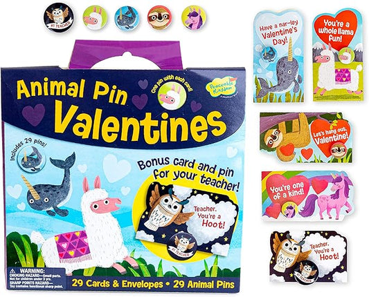 Peaceable Kingdom Valentines Cards for Kids Classroom, Set of 28 Valentines Day Gifts - Animal Pins