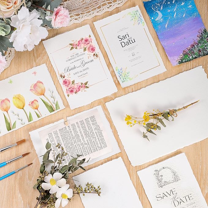 50 Sheets Watercolor Paper 4 x 6inch, 300 GSM Deckled Edge Paper Rough/Textured Handmade Paper Cotton Paper for Watercolors, Wedding Invitations, Cards, Crafts