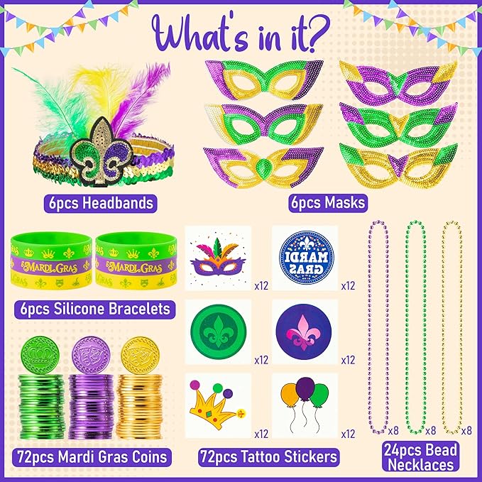 WATINC 186pcs Mardi Gras Party Favors Set, Mardi Gras Masks Headbands Coins Tattoo Stickers Silicone Bracelets Necklaces Beads Assorted for Masquerade Parade Carnival Costume Party Decorations