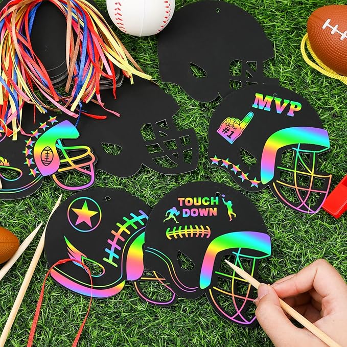 JULMELON 36 PCS Football Crafts for Kids, Rainbow Scratch Paper Art for Kids Football Party Favors Football Helmet Scratch Off Cards for Football Themed Birthday Party Supplies School Activities