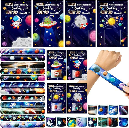 Space Slap Bracelet, 24Pcs Outer Space Kids Wristbands Bracelets with Thank You Cards Planet Themed Party Favors Gifts for Kid Birthday Party Favors Classroom Prizes Exchange (12 Styles)