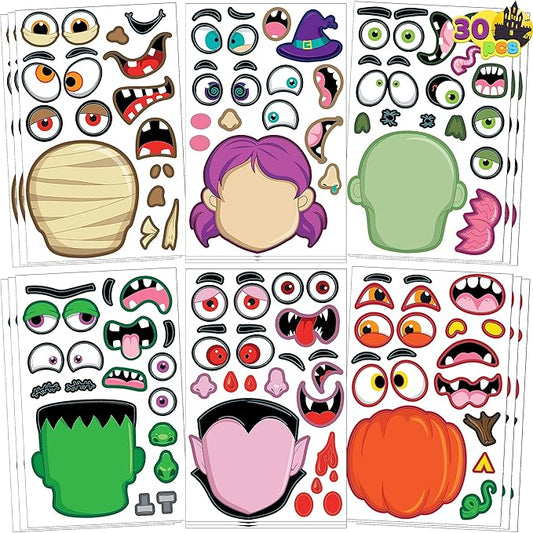 JOYIN 30 Pcs Halloween Make a Face Stickers for Kids, Halloween Party Favor, Party Craft Supplies, Fall Sticker Sheets with 6 Different Facial Expression, Classroom Art Activities Treat Games Goodies