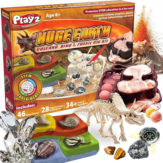 Playz Dinosaur Fossil Digging Kit for Kids, Gemstone Dig Kit & Volcano Science Kit - 46+ Fun Geographic Experiments, STEM Dinosaur Toys Excavation Kit for Kids Ages 8-12+ Years Old, Boys & Girls