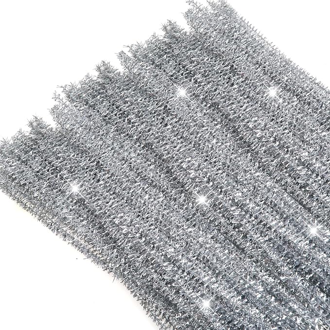 TOAOB 100pcs Christmas Glitter Pipe Cleaners Silver Metallic Pipe Cleaners Craft Supplies 6mm x 12 Inch Chenille Stems Pipe Cleaners for Art DIY Crafts Decorations