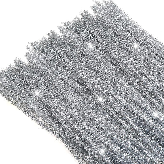 TOAOB 100pcs Christmas Glitter Pipe Cleaners Silver Metallic Pipe Cleaners Craft Supplies 6mm x 12 Inch Chenille Stems Pipe Cleaners for Art DIY Crafts Decorations
