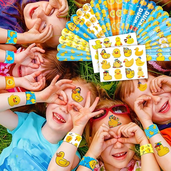 48PCS Duck Party Favors - 24PCS Temporary Tattoos & 24PCS Slap Bracelets - Cute Birthday Party Supplies, Decorations, Baby Shower Gifts, Classroom Prizes, and Rewards for Boys & Girls