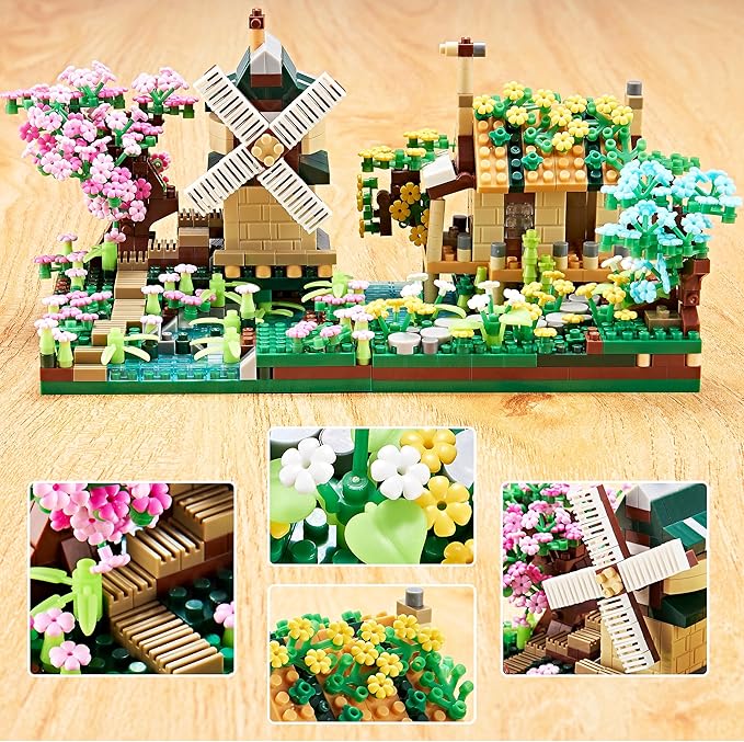 Botanicle Collection Sakura Tree House Micro Blocks Building Set for Adults Toy Friendship Windmill Cherry Blossom Tree Flowers for Girls 2 Sets