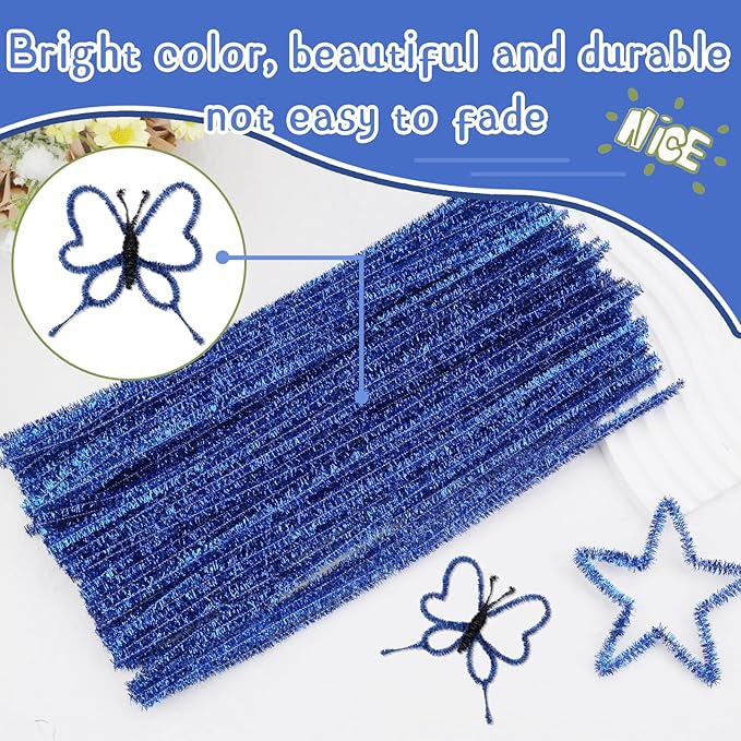 Hssugi Royal Blue Pipe Cleaners, 100PCS Pipe Cleaners Craft Supplies, Glitter Golden Pipe Cleaners Bulk Fuzzy Sticks for DIY Art and Craft Projects Home Decoration