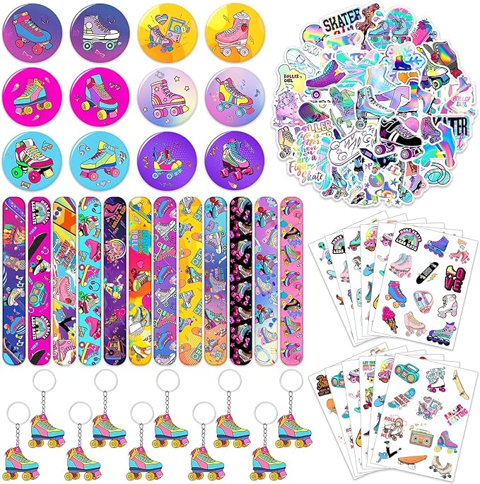 Roller Skate Party Favors 98PCS Slap Bracelets, Stickers, Key Chains, Pin Badges and Temporary Tattoos for Kids Boys Girls Throwback 80s 90s Roller Skating Hip Hop Birthday Party Supplies Decorations