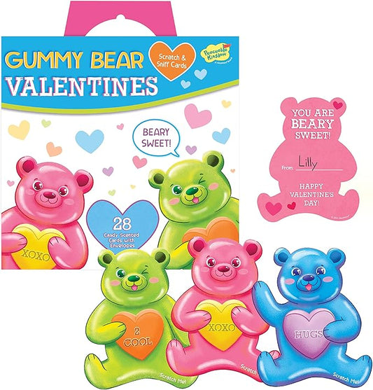 Peaceable Kingdom Valentines Cards for Kids Classroom, Set of 28 Valentines Day Gifts - Gummy Bear Scratch and Sniff Scented Candy Heart Valentines