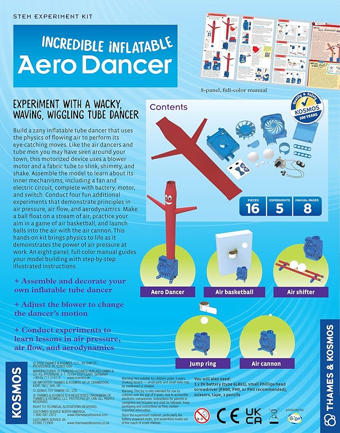 Thames & Kosmos Incredible Inflatable Aero Dancer STEM Experiment Kit | Make Your Own 1-Foot Tall Tube Dancer | Explore Air Pressure, Aerodynamics, Gears & Circuits | Hands-on Activities & Challenges