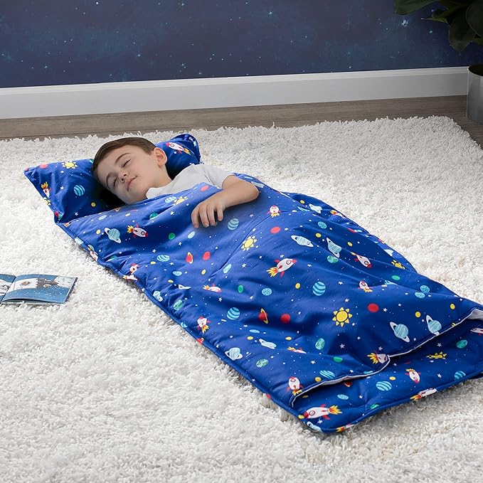 Delta Children Nap Mat - Includes Pillow & Blanket for Toddlers and Kids; Features Carry Handle w/Strap Closure and Name Tag; Rollup Design is Ideal for Preschool and Daycare; Personalization Optional