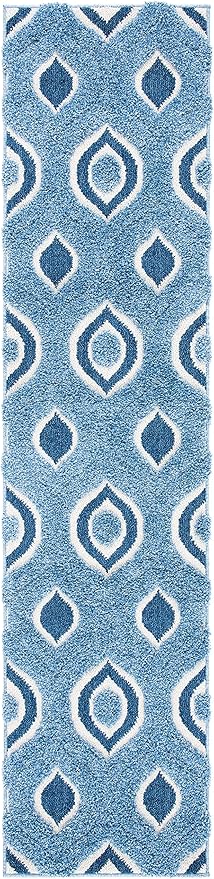 SAFAVIEH Florida Shag Collection Runner Rug - 2'3" x 9', Blue & Ivory, Modern Ogee Design, Non-Shedding & Easy Care, 1.2-inch Thick Ideal for High Traffic Areas in Living Room, Bedroom (SG461-6012)