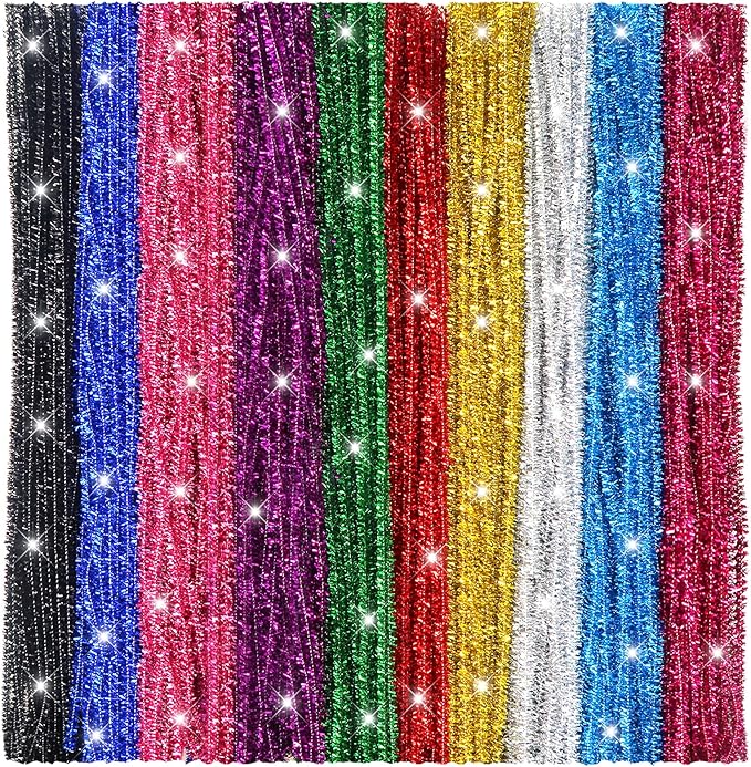 TOAOB 100pcs Glitter Pipe Cleaners 10 Colors Metallic Pipe Cleaners Craft Supplies 6mm x 12 Inch Chenille Stems Pipe Cleaners for Art DIY Crafts Decorations