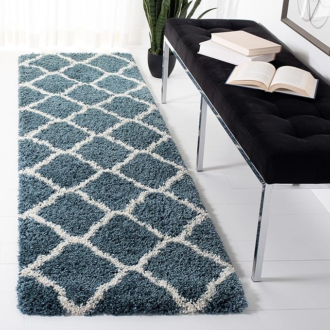 SAFAVIEH Hudson Shag Collection Runner Rug - 2'3" x 12', Slate Blue & Ivory, Trellis Design, Non-Shedding & Easy Care, 2-inch Thick Ideal for High Traffic Areas in Living Room, Bedroom (SGH283L)