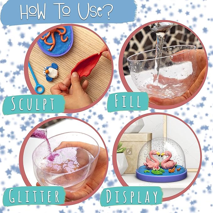 Snow Globe Making Kit for Kids - Make Your Own Snow Globes for Girls w/ 4 DIY Snowglobe, 5 Figures, 20 Packs of Modeling Clay for Kids for Sculpting - Arts and Crafts for Girls & Boys 8-12-4-8