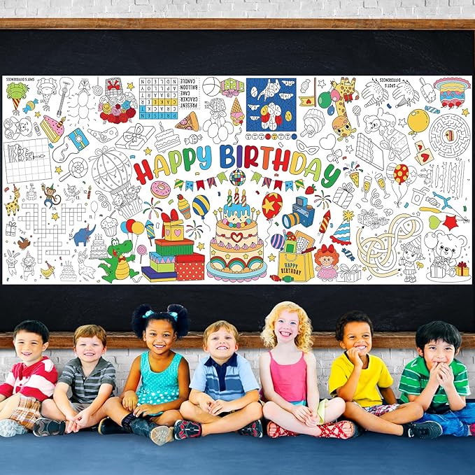 Happy Birthday Giant Coloring Poster for Kids 30x72 Inch, Birthday Large Coloring Poster Tablecloth, Birthday Themed Color-in Activities Games for Kids School Classroom Home Party Supplies Decorations