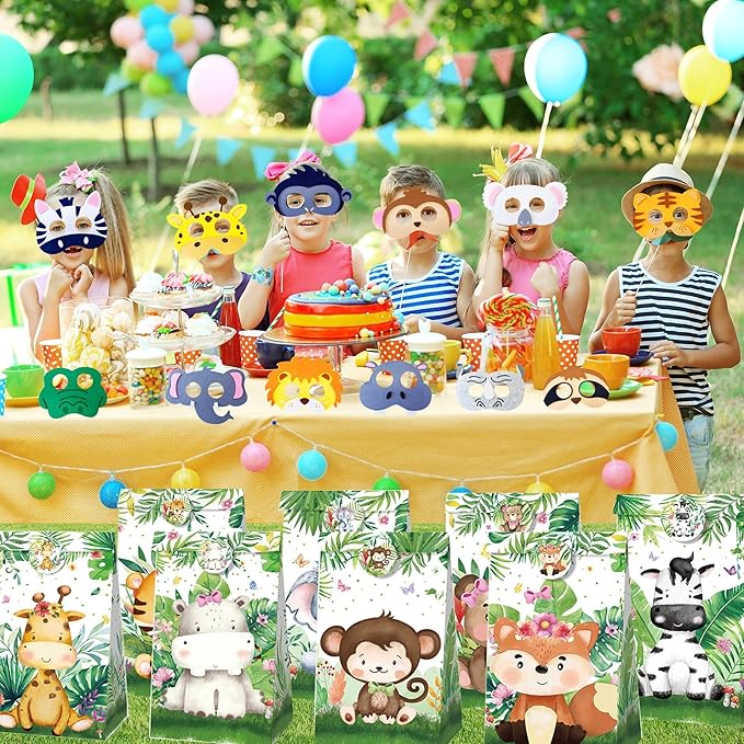 XIPEGPA 88 PCS Jungle Safari Party Favors Set Wild Animals Theme Bags Masks Stickers Slap Bracelets for Birthday Baby Shower Goodie Bag Fillers Jungle Safari Party Supplies