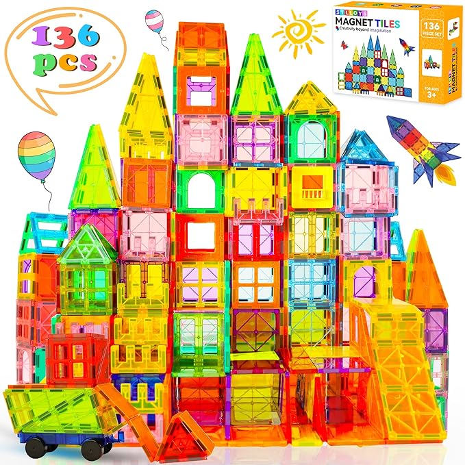 Magnetic Tiles, 136 PCS Magnetic Building Blocks with 2 Cars, Magnet Tiles Construction Building Toys, STEM Sensory Toys Easter Birthday Gifts for Toddlers Kids Boys 3 4 5 6 7 8 9+ Year Old